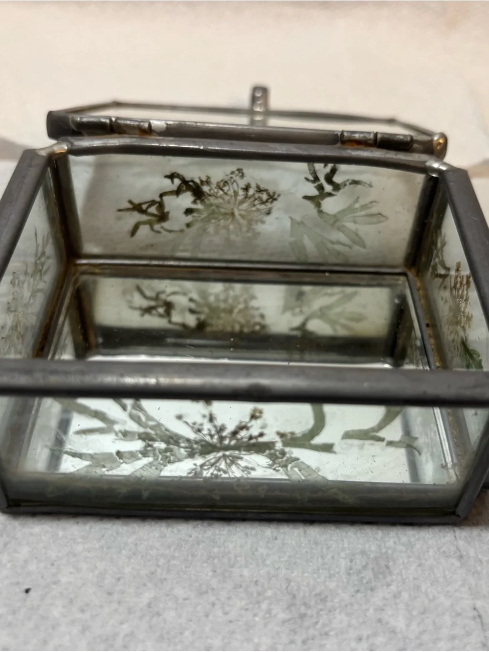 Vintage Leaded Glass Trinket Box with Dried Flowers